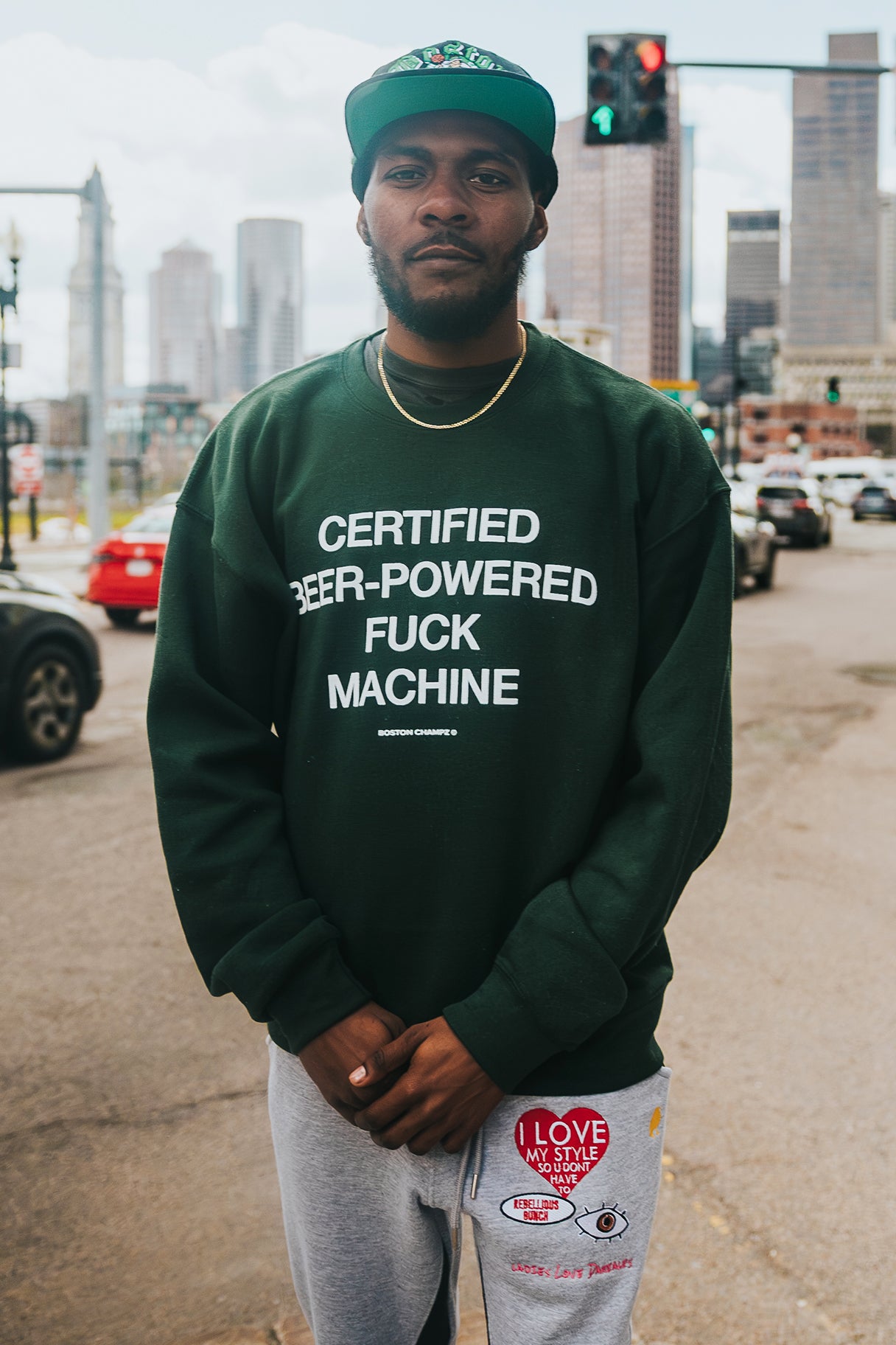 Boston Champs Certified Beer-Powered F Machine \ Hunter Green Crewneck