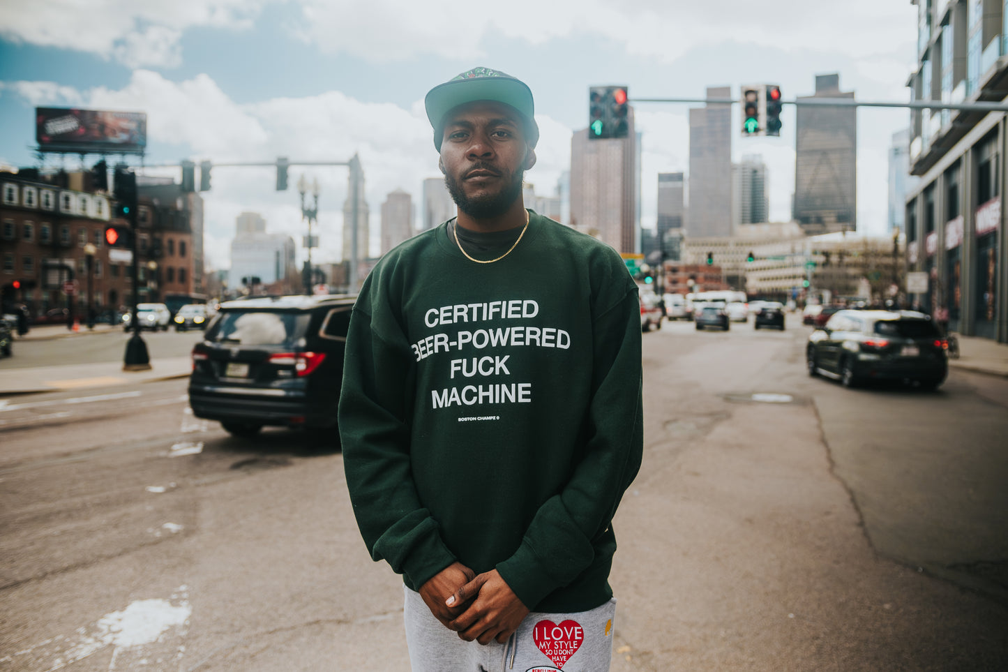 Boston Champs Certified Beer-Powered F Machine \ Hunter Green Crewneck