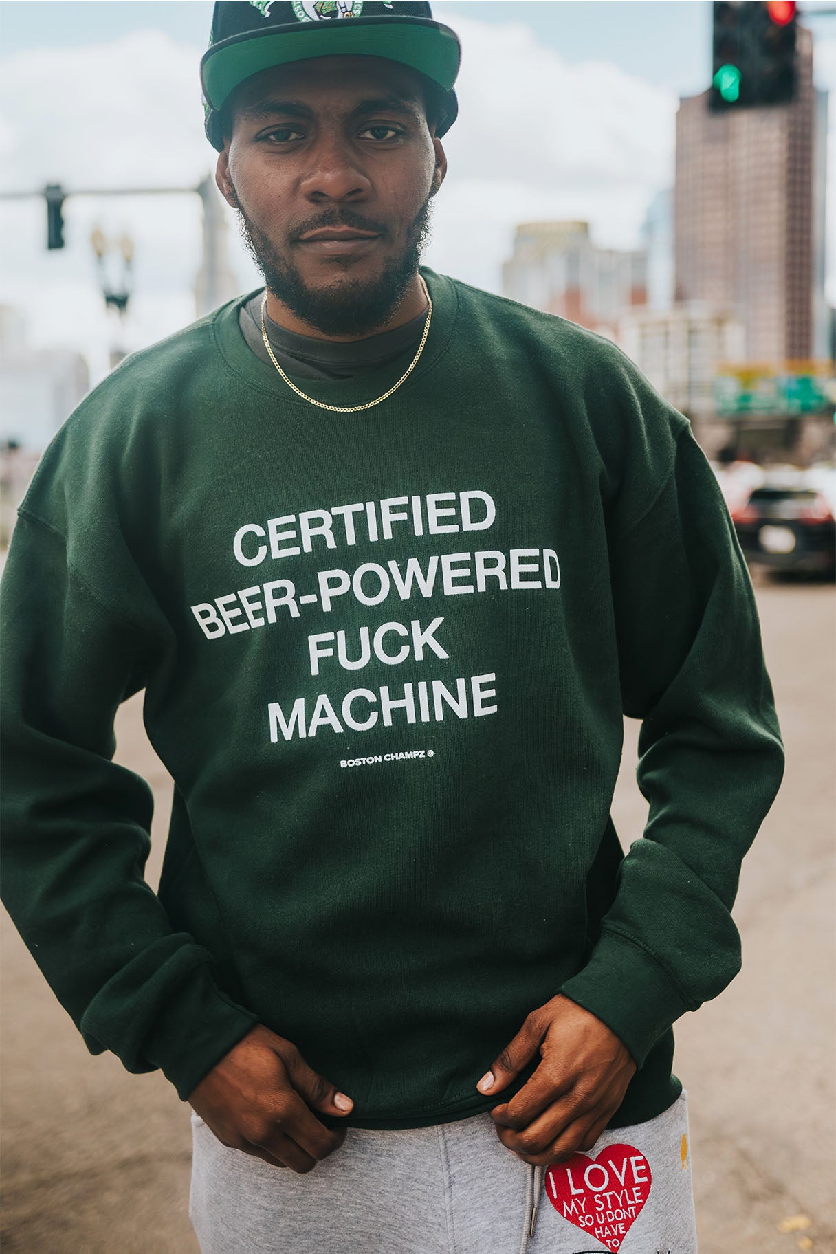 Boston Champs Certified Beer-Powered F Machine \ Hunter Green Crewneck